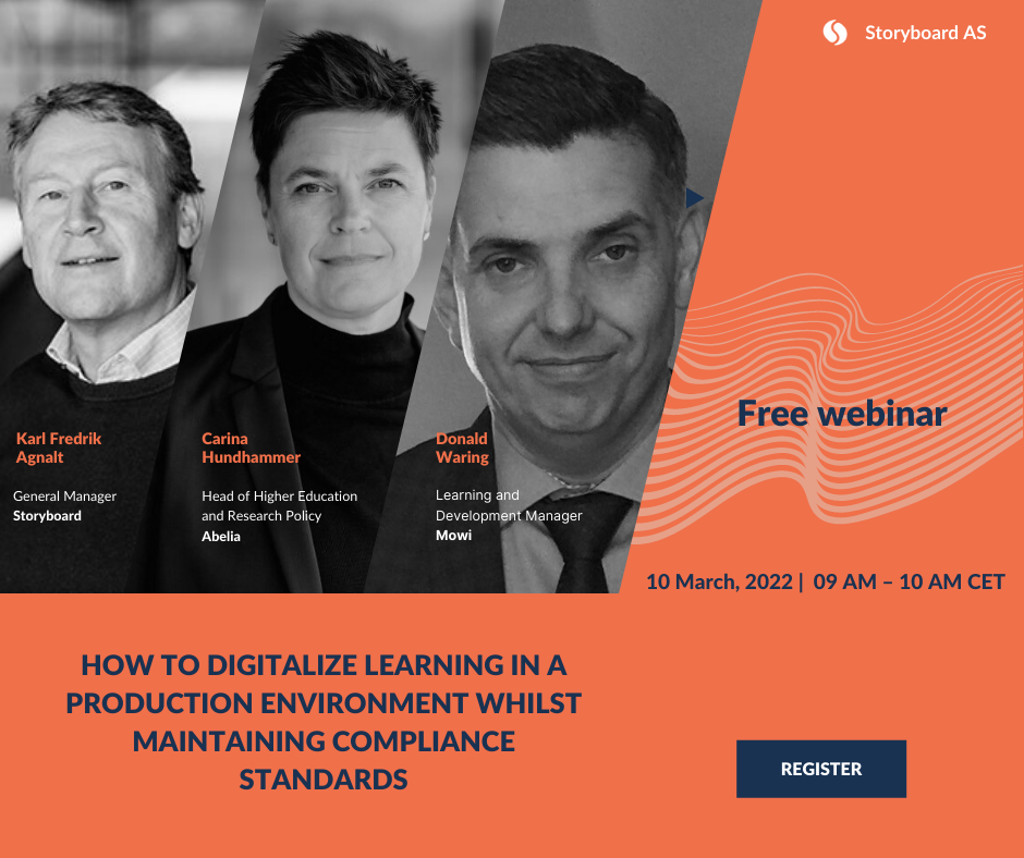 Invitation to webinar about how to digitalize learning in a production environment with picture of speakers