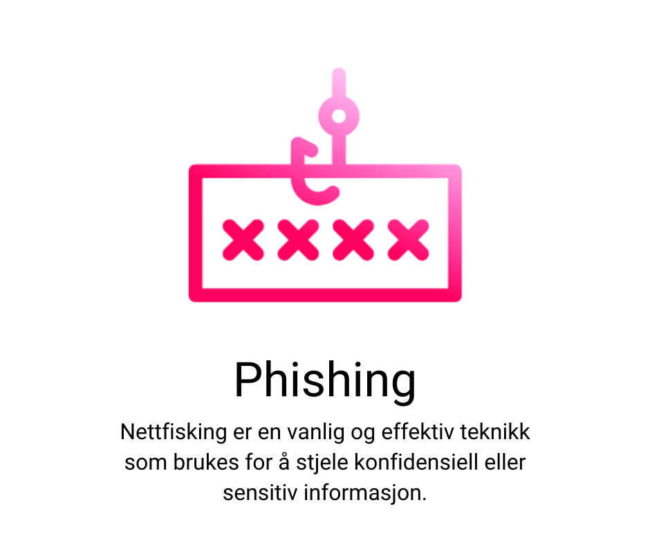 Phishing
Nettfisking er en vanlig og effektiv teknikk som brukes for å stjele konfidensiell eller sensitiv informasjon.
